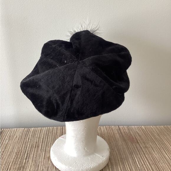 Y2K Black Beret Chic Hat Barbiecore With Feather Pom Pom - Picture 2 of 5